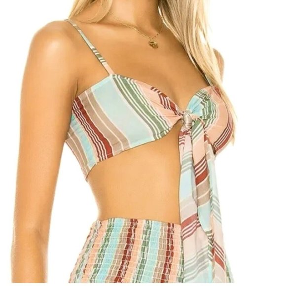 Pilyq Stripe Smocked Mini Skirt +Tie Top Sz XS Beach Cover Up 2Pc Swim Resort - Picture 5 of 12